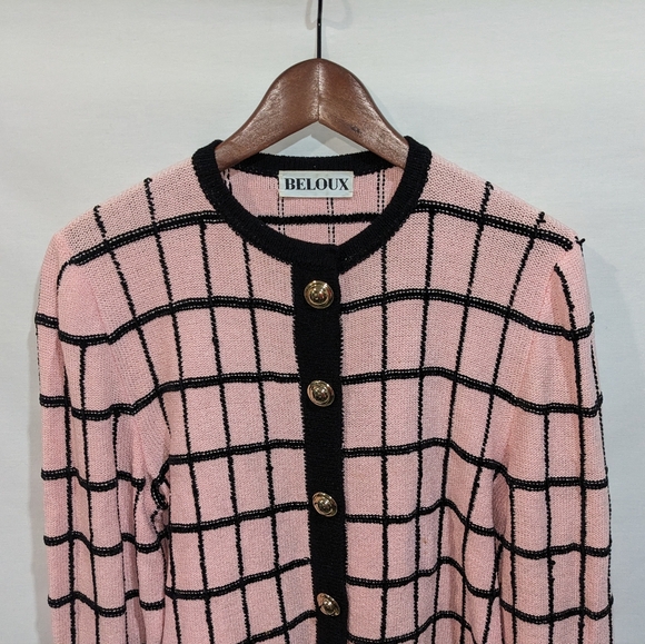 Vintage Beloux Classic Pink and Black Windowpane Cardigan Sweater Size M - Picture 2 of 9